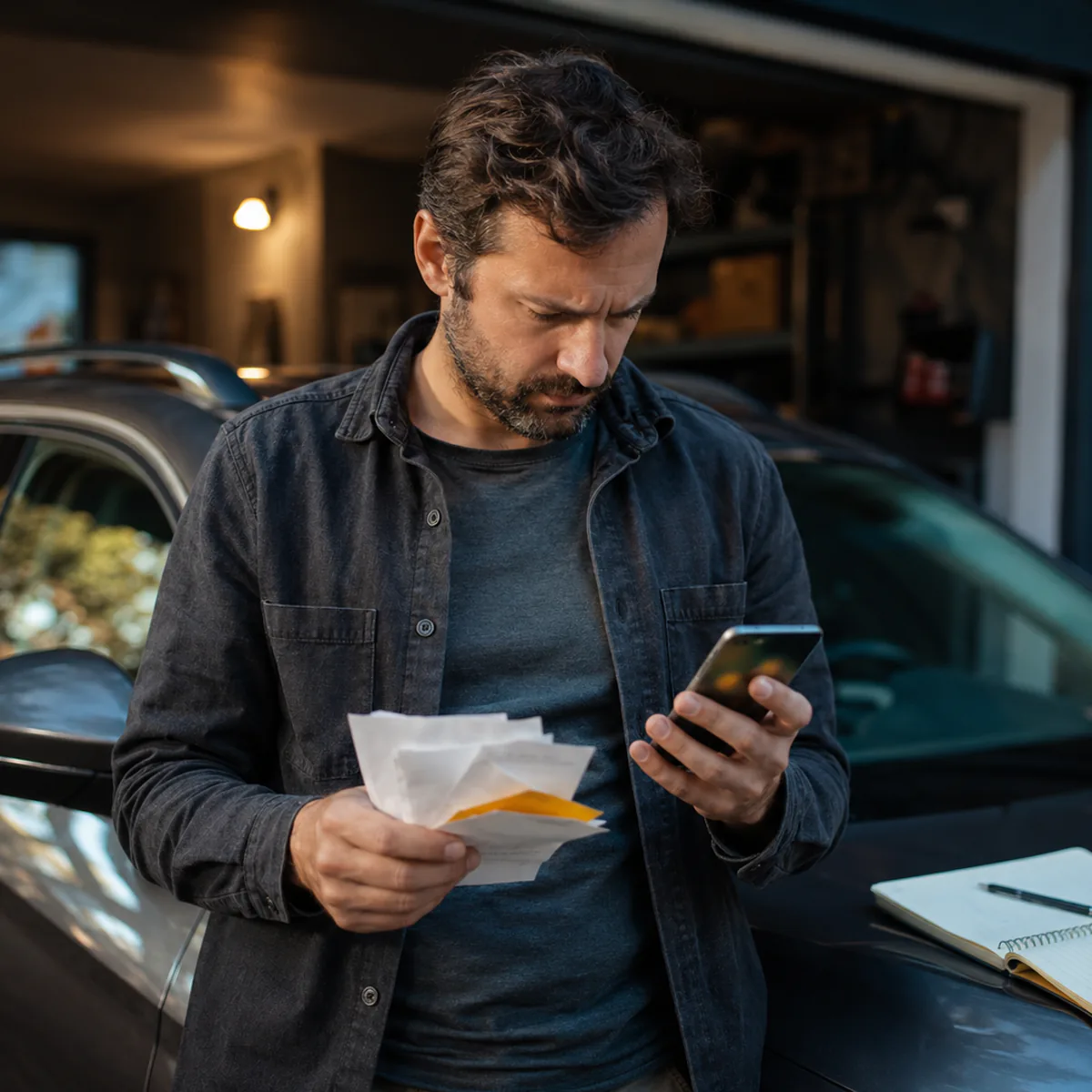 Car owner reviewing blank receipts and a phone calculator beside a parked car