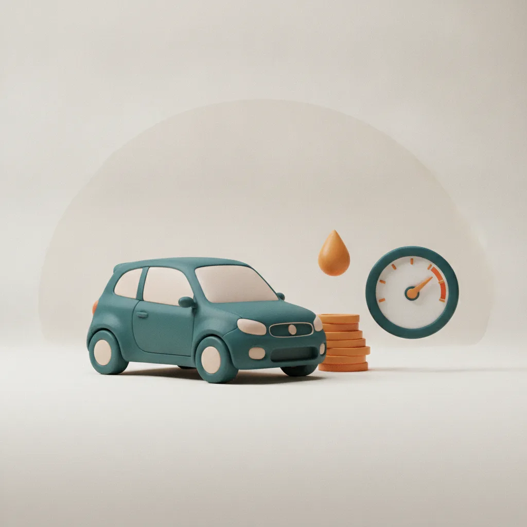 Car silhouette with coin stacks and a cost gauge — illustrating true car ownership costs
