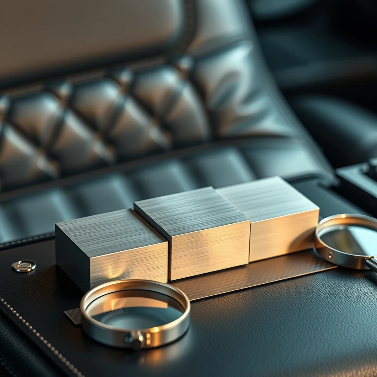 Brushed-metal ranking blocks and a magnifying lens on black automotive leather