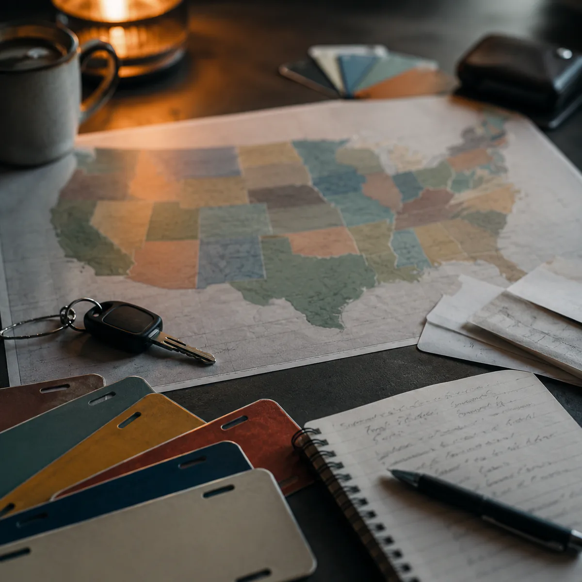 Blurred U.S. map, blank tags, and car keys for state ownership costs